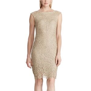 Lauren Ralph Lauren Champagne Lace Sheath Dress Gold Metallic 10